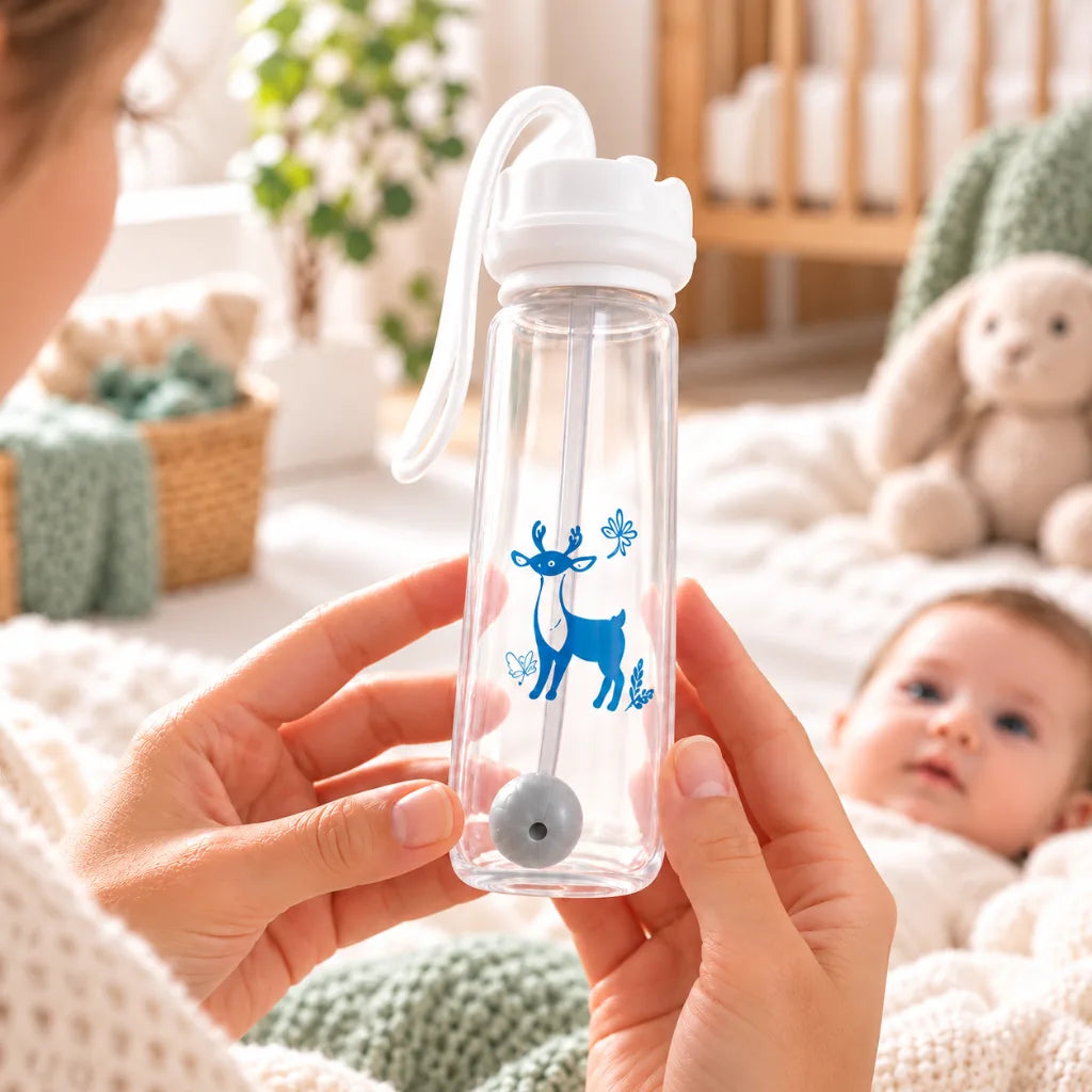 Maman tenant le biberon 3-en-1 pour montrer la paille lestée, bébé allongé à côté