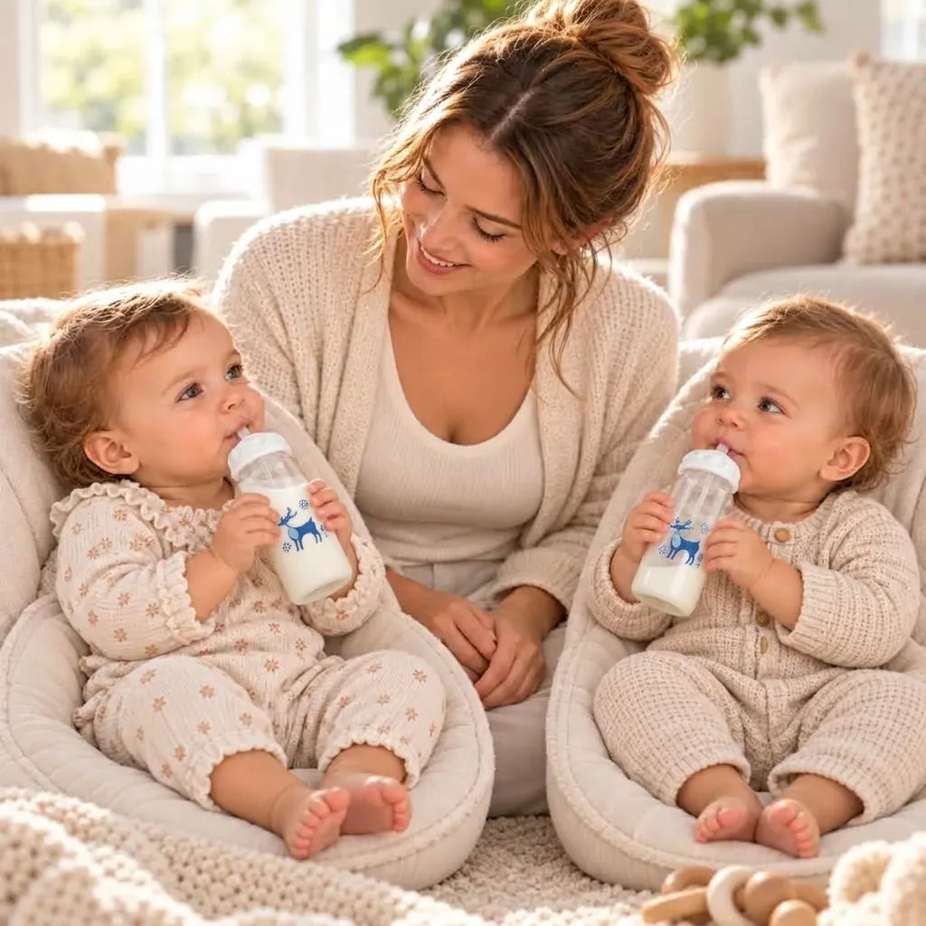 Maman souriante assise entre ses jumeaux qui boivent leur biberon
