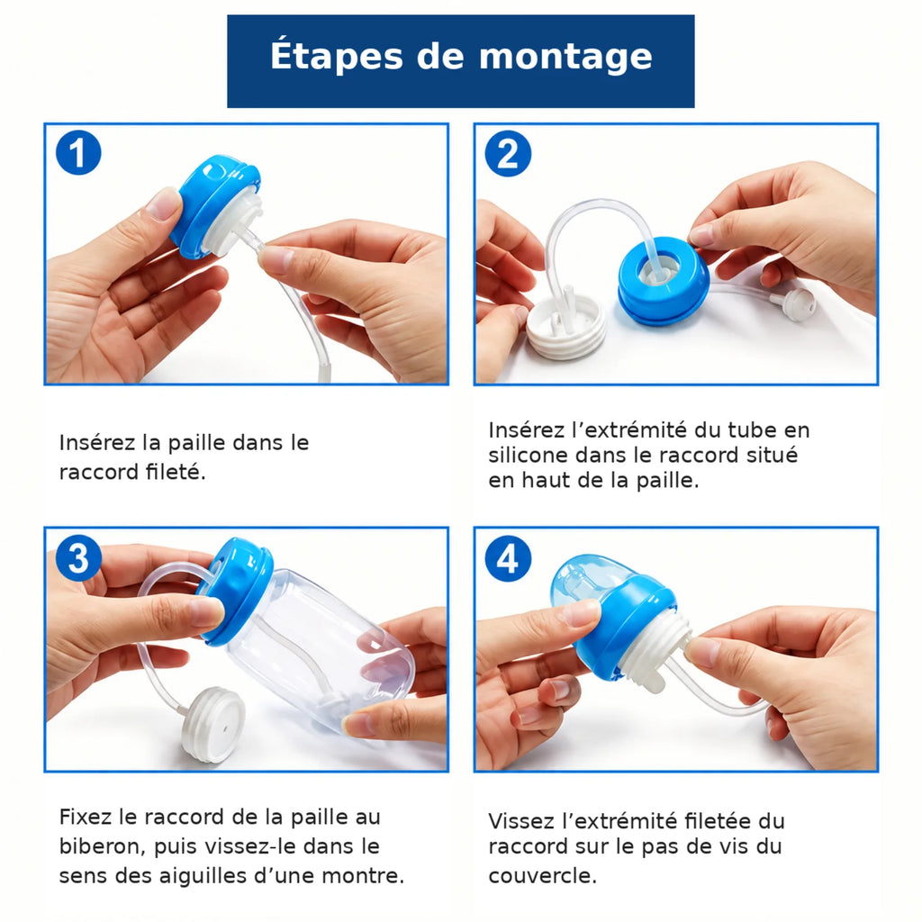 Étapes de montage de la paille lestée sur le biberon, en quatre gestes