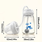 Dimensions du biberon 3-en-1 : 106 mm de haut, 58 mm de diamètre, tétine de 62 × 52 mm